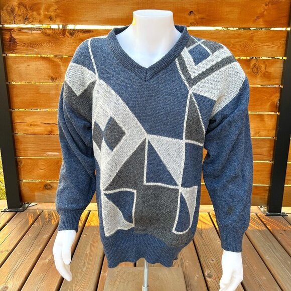 Vintage 90s V-Neck Geometric Print Grandpa Dad Sweater - Picture 1 of 10